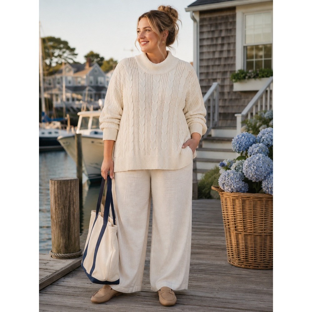 Cream Mock Neck Cable Knit Sweater Large Fisherman Coastal Preppy